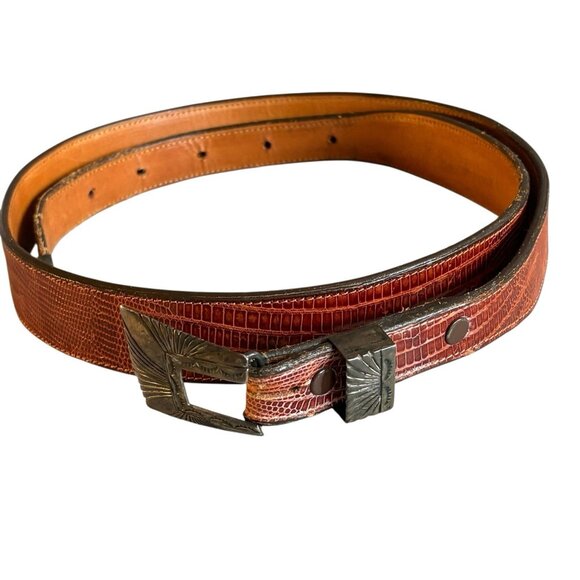 Vintage Falconhead Brown Leather Silver Belt Sz 34 Original Embossed Snakeskin - Picture 3 of 10